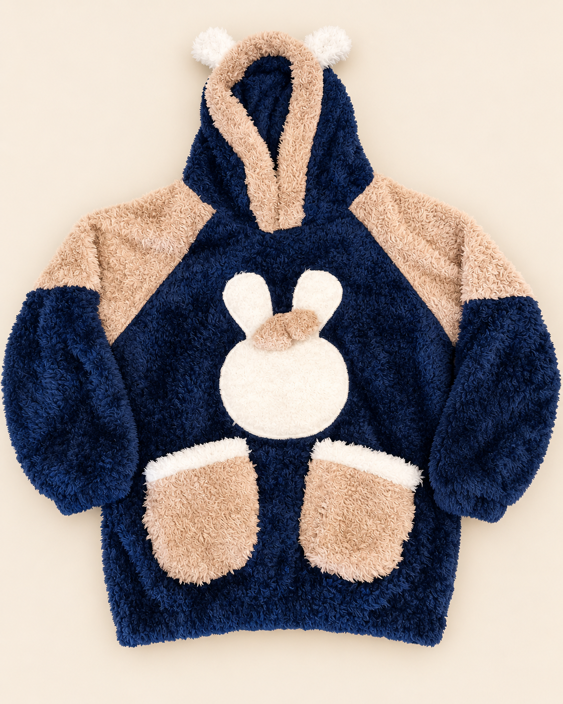 Ensemble cocooning / pyjama peluche bleu marine – haut à capuche lapin + pantalon