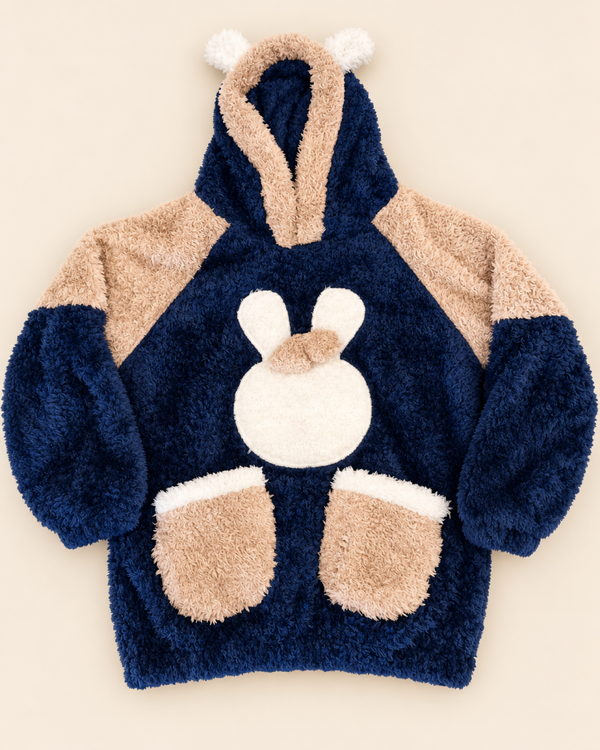 Ensemble cocooning / pyjama peluche bleu marine – haut à capuche lapin + pantalon