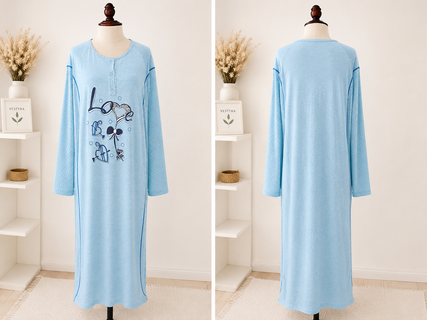 Chemise de nuit longue bleu ciel – Manches longues