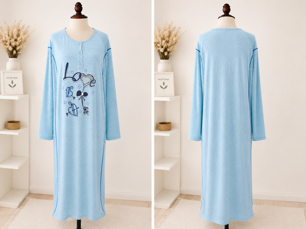 Chemise de nuit longue bleu ciel – Manches longues