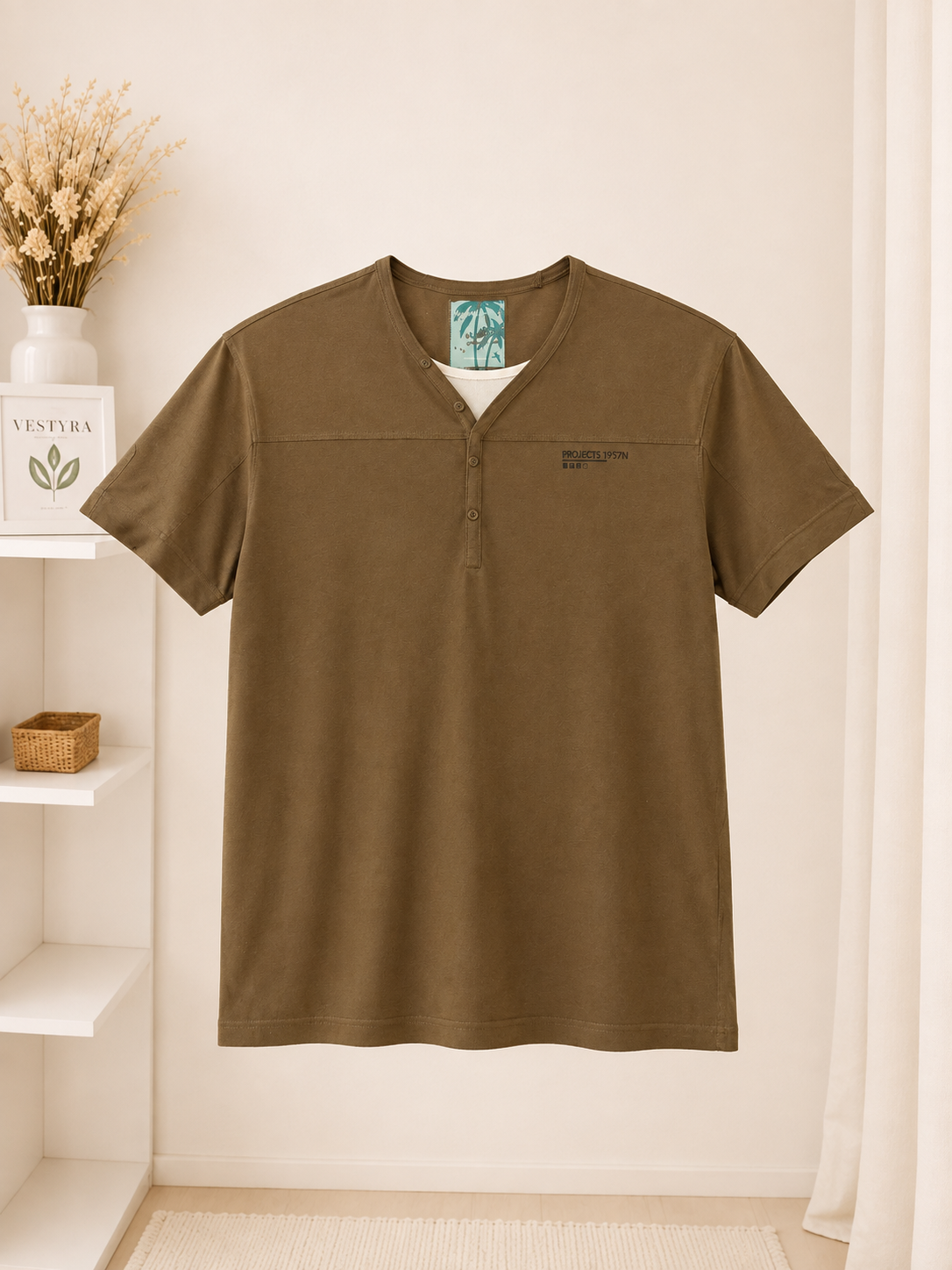 Tee-shirt homme kaki / marron – col tunisien