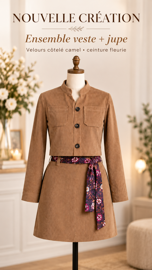 Ensemble veste courte & jupe en velours côtelé camel
