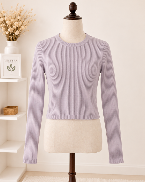 Pull court côtelé lilas à manches longues