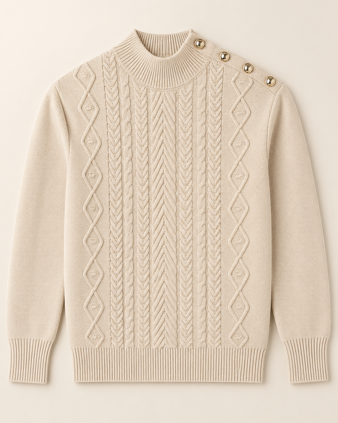 Pull beige à torsades  – col montant et boutons dorés