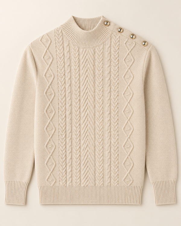 Pull beige à torsades  – col montant et boutons dorés