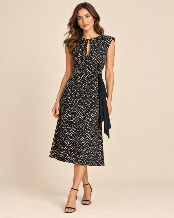 Robe noire à petits pois crème avec lien drapé