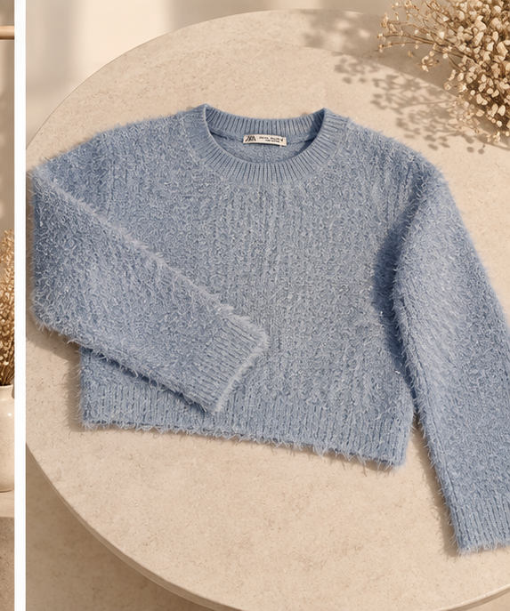 Pull court bleu ciel effet duveteux