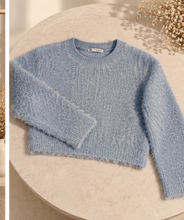 Pull court bleu ciel effet duveteux