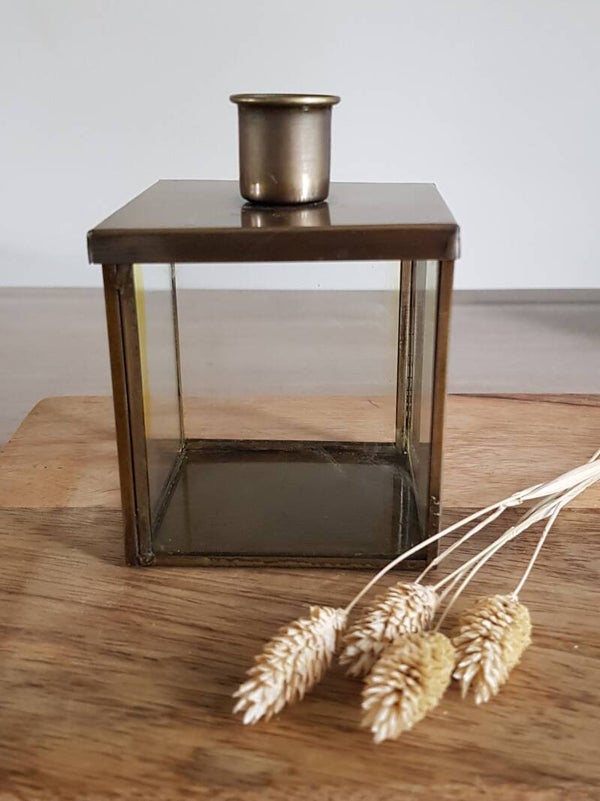 Kandelaar dinerkaars glas / goud 7,5 x 7,5 x 11 cm