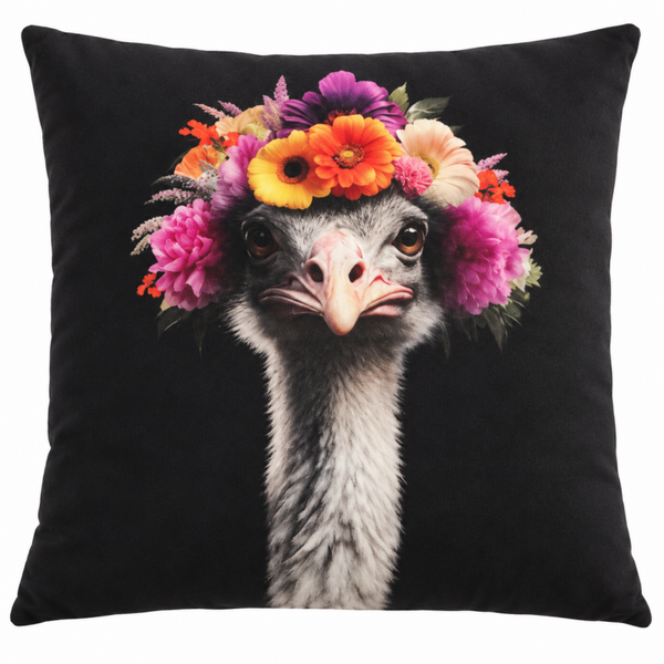 Sierkussen struisvogel met bloemen – zwart - 45x45cm