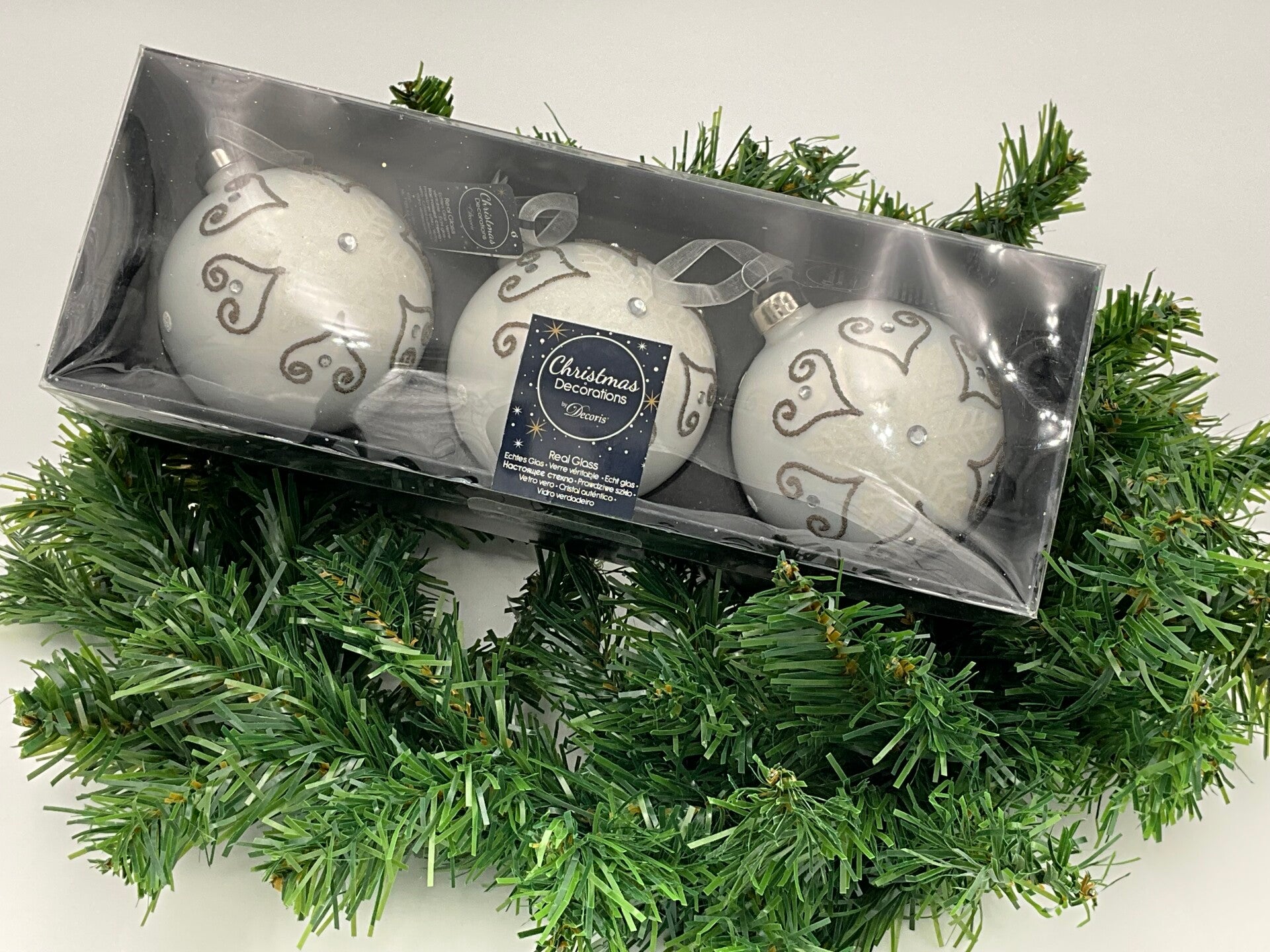 Luxe Witte Glazen Kerstballen – Set van 3