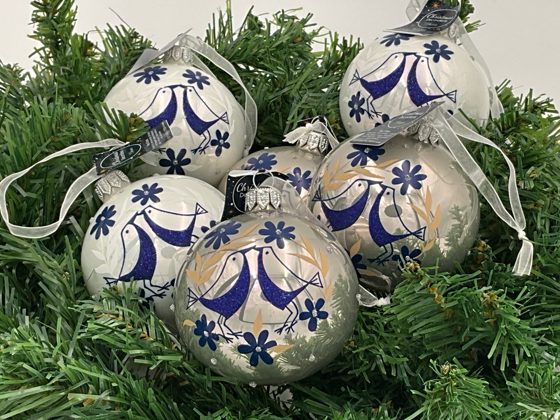 Glazen Kerstballen met Vogel & Bloemenmotief – Set van 6