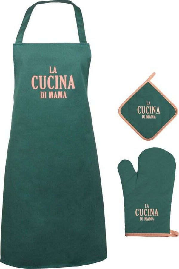 La Cucina di Mama – Luxe Keukenset Schort, Pannenlap & Ovenwand