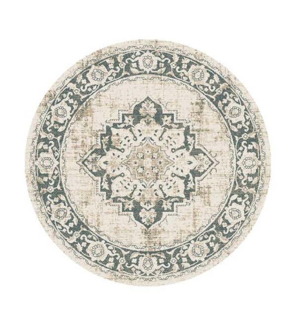 Rond Vloerkleed Vintage Look – Creme/Groen - 200cm