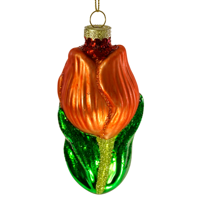 Glazen Tulp Kersthanger - oranje/groen