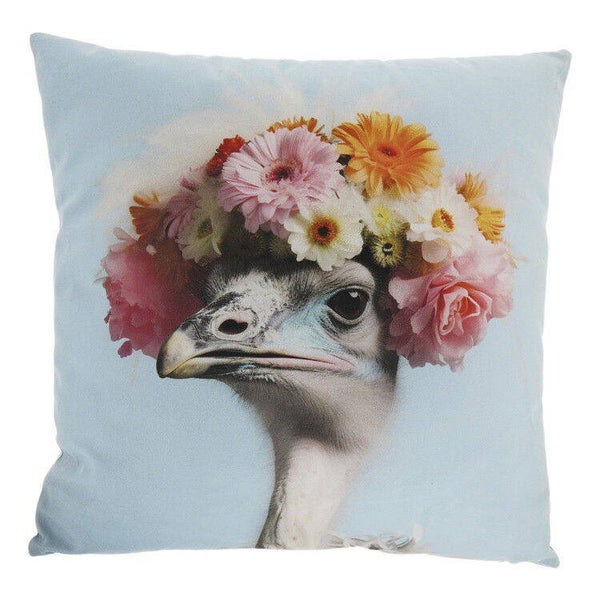 Sierkussen struisvogel met bloemen – lichtblauw - 45 x 45cm