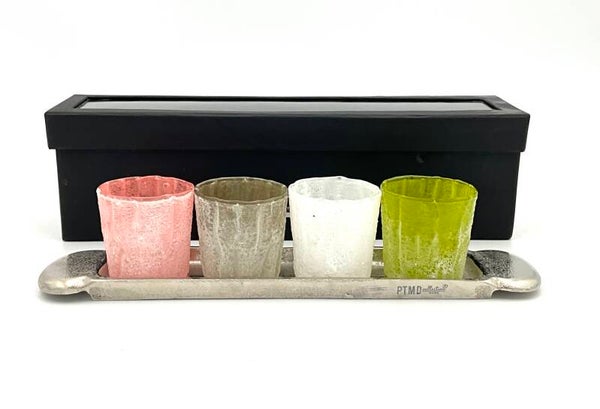 PTMD Gekleurde waxinelichthouders op zilverkleurige plateau
