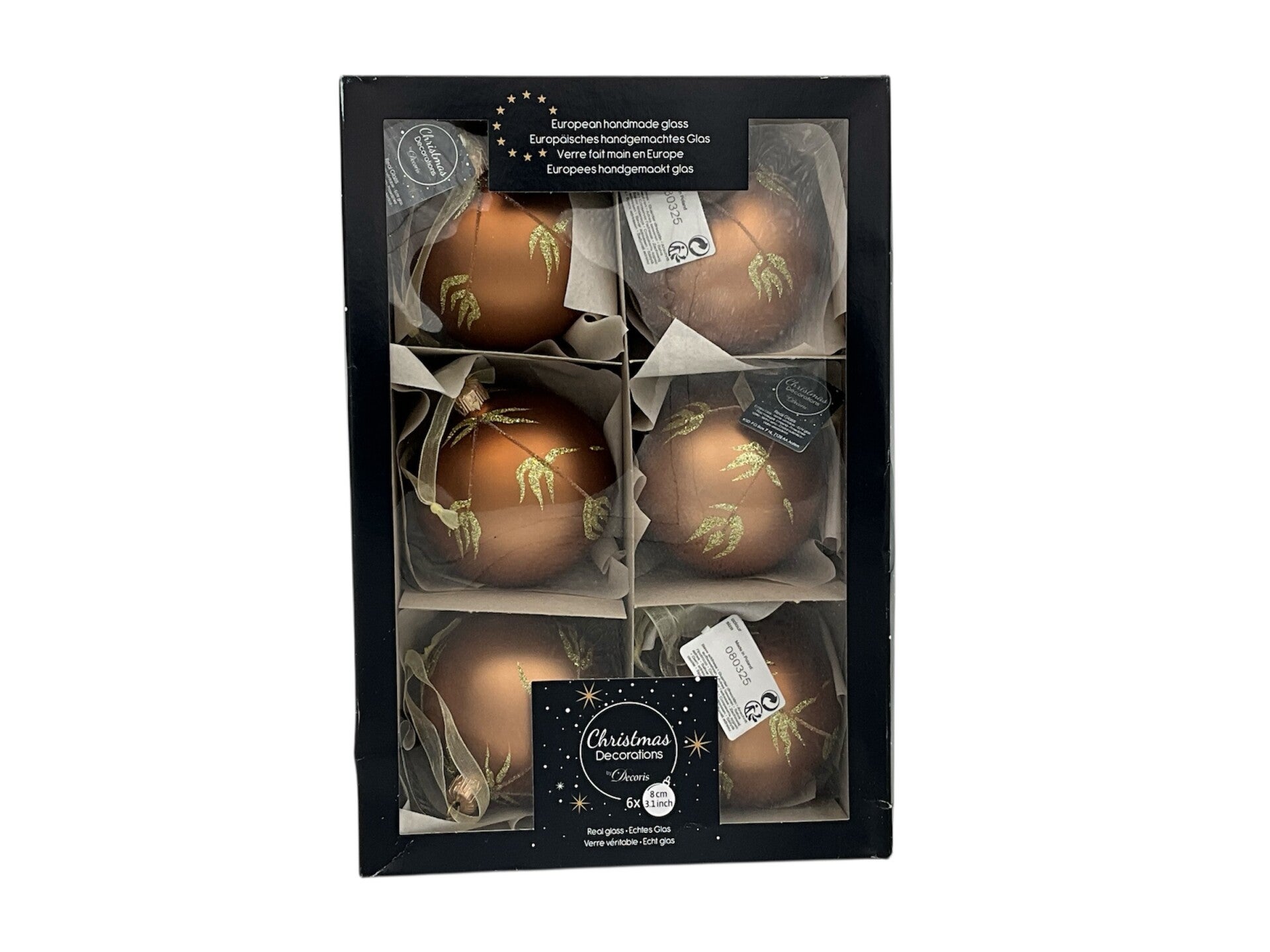 6 Glazen Kerstballen – Bruin/Koper met Gouden Bladdecor