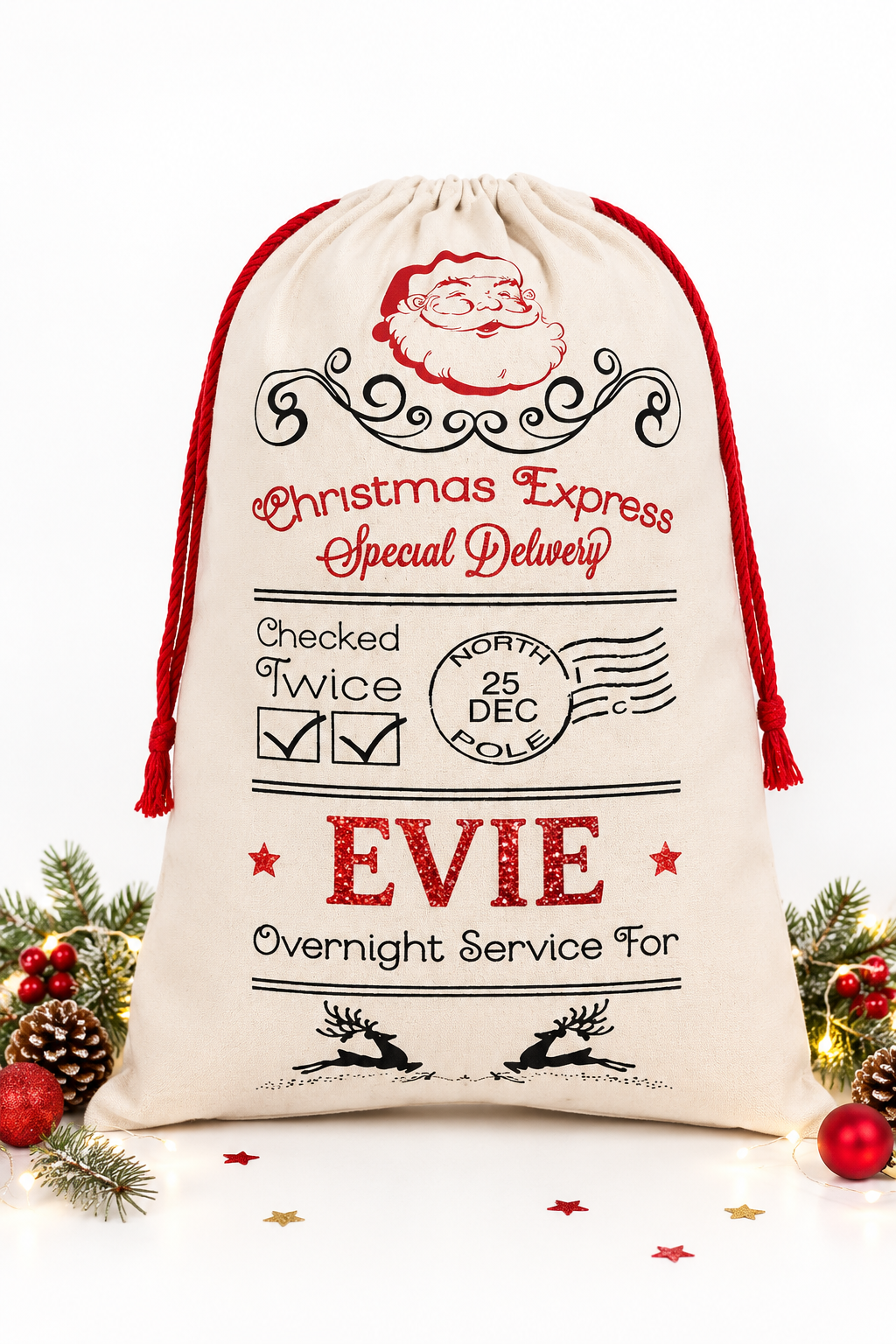 Personalised Santa Sacks. Cream Design with red glitter name. Large Christmas Sack.