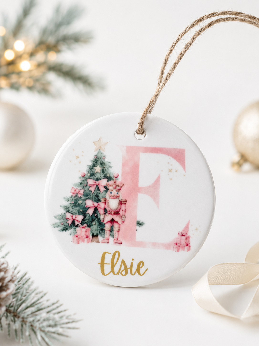 Personalised, ceramic, children's Christmas decorations.