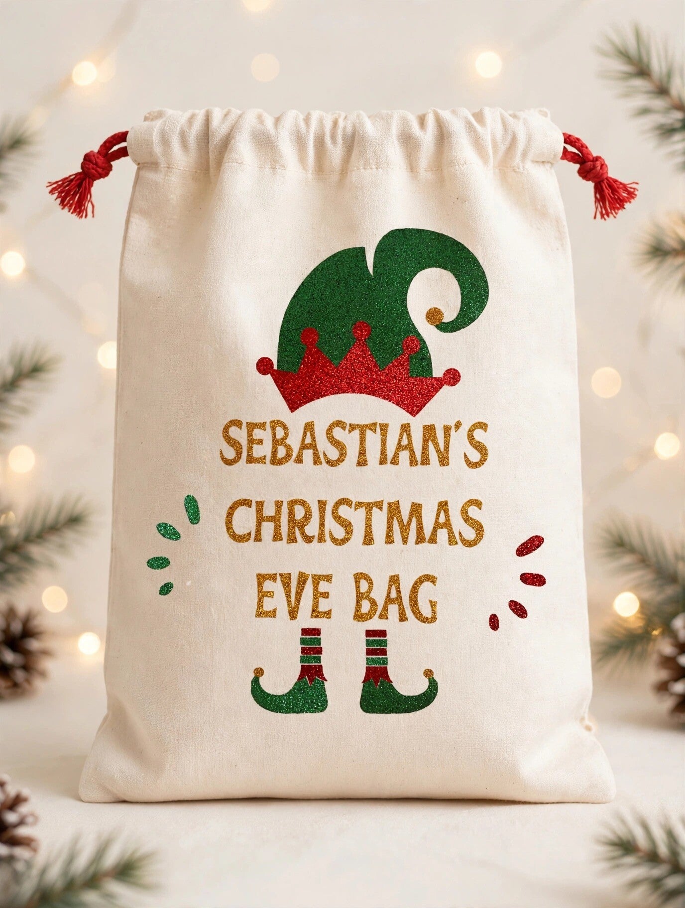 Personalised, Elf design Christmas Eve bag. Christmas Eve gift bag.