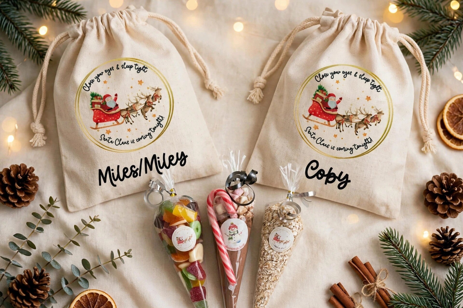 Personalised Christmas treat bags. Available with sweet cones. Santa bags.