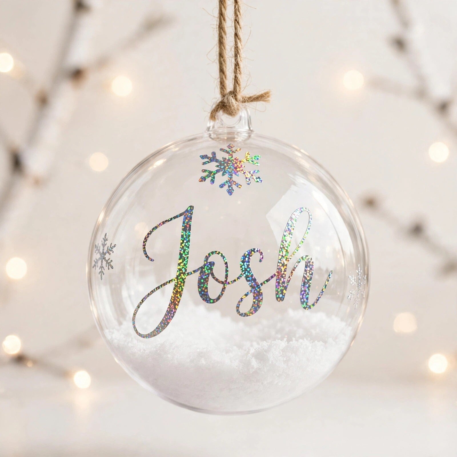 Personalised Baubles, filled with faux snow.