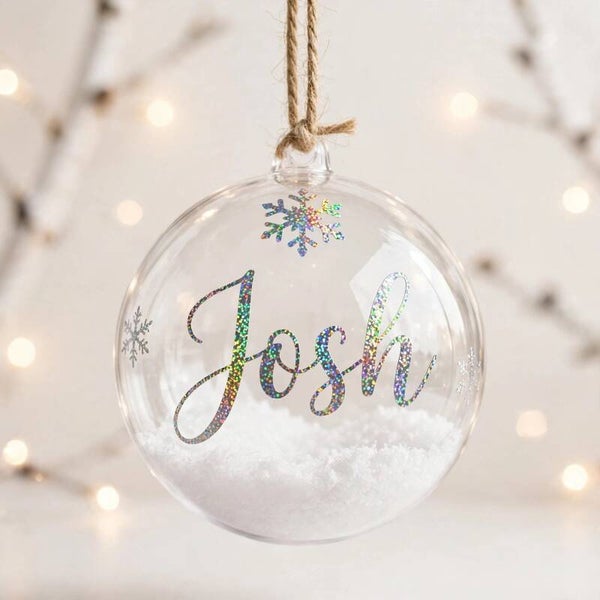 Personalised Baubles, filled with faux snow.