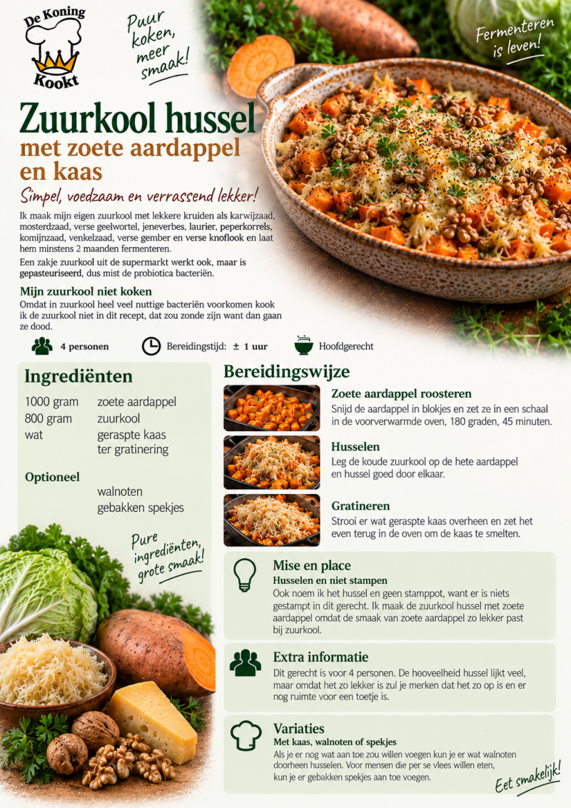 Resept Zuurkoolhussel met zoete aardappel en kaas