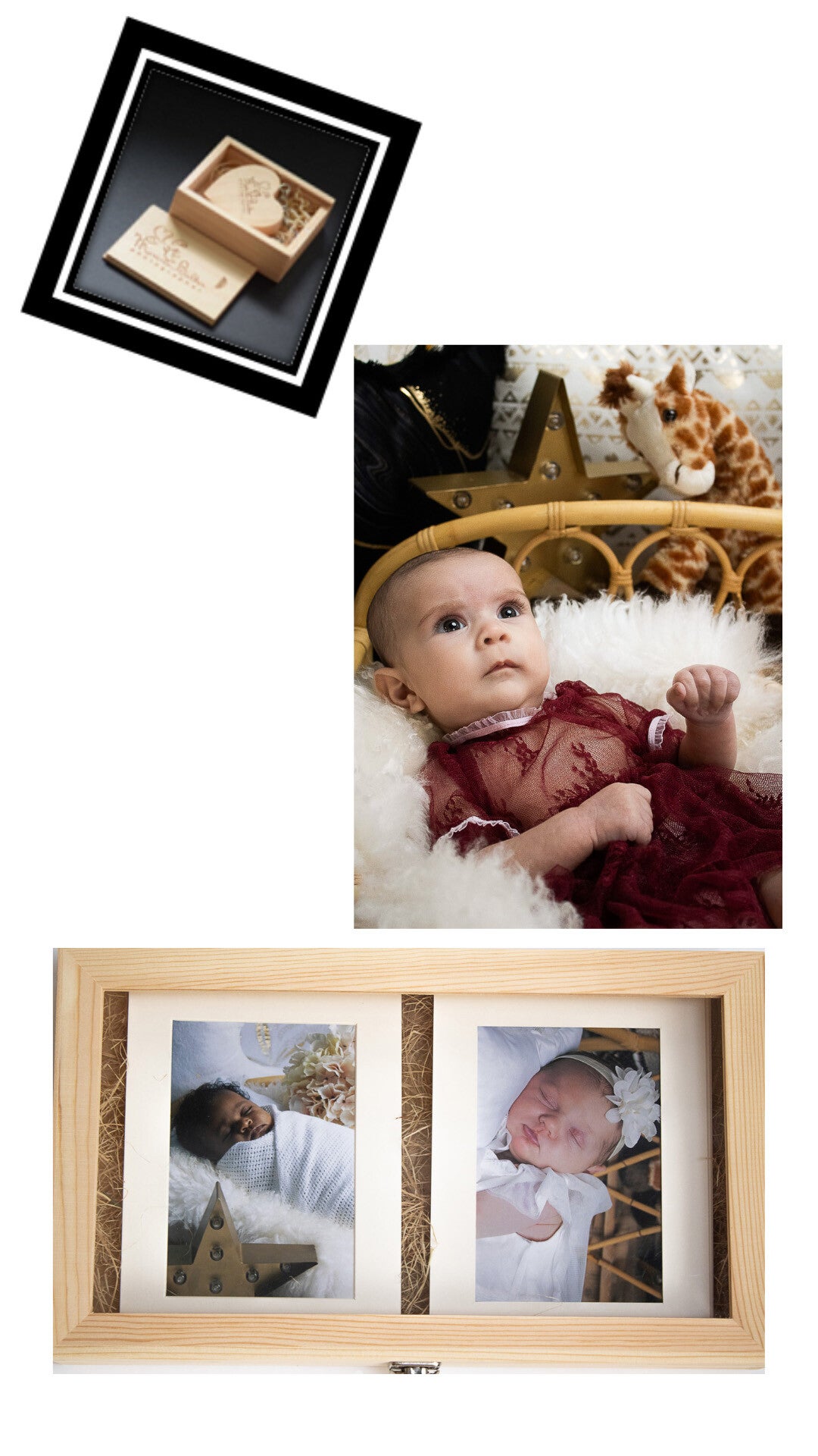 PACK : Coffret élégant en bois de 15 tirages + 15 passe-partout + 1 clé USB de 32 GB inclus + 1 tableau en verre acrylique