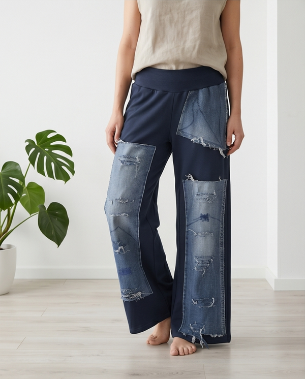 Weite Jersey Stoff Hose mit Jeans Highlight "Wide-Leg" Größe 38 im Pumphosen Stil