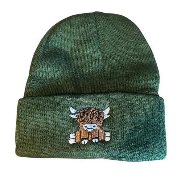 Highland Cow Embroidered Beanie