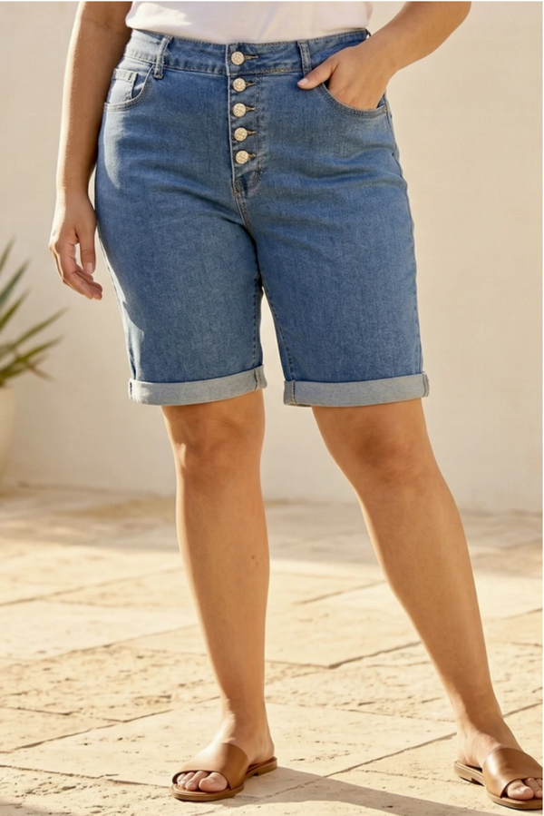 Bermuda en Jean – Grande Taille – 5 Boutons Élégants
