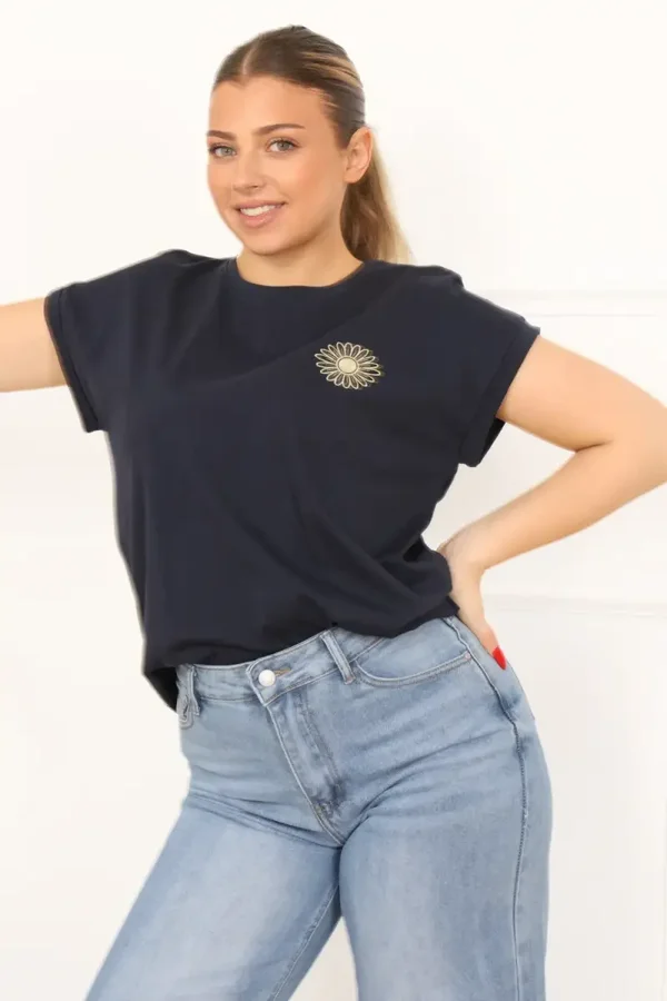 T-shirt MARIA - T-shirt brodé marguerite bleu marine XS au XL (34 au 42)