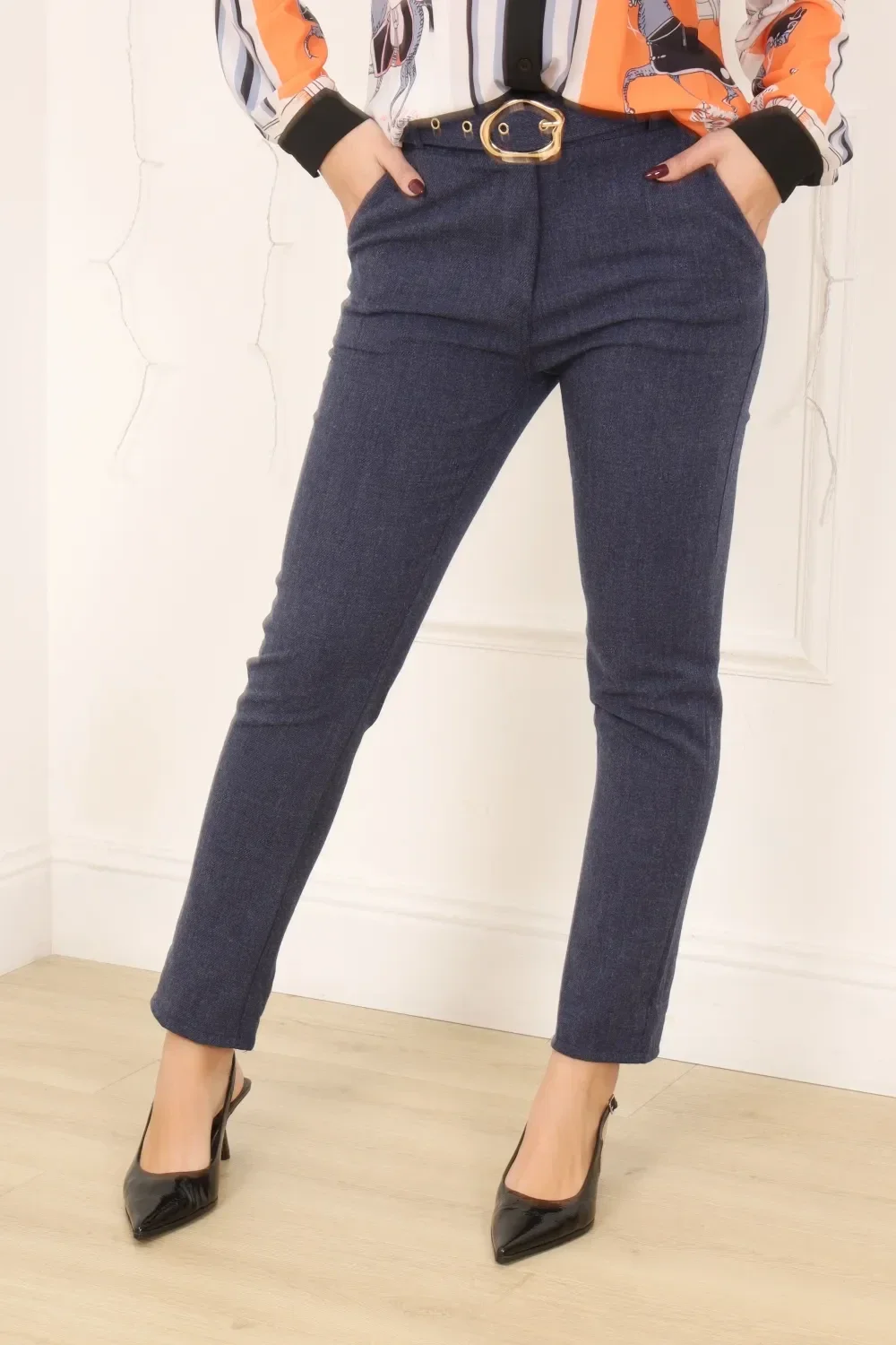 Pantalon ROSY – Pantalon chiné avec ceinture (S à XL)