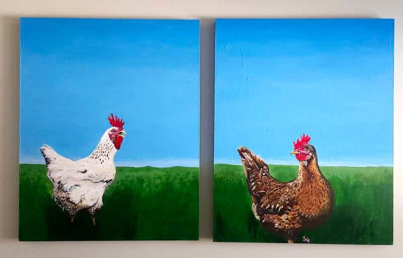 "Watermelon and Hermione" 2025. 2 61×76×4.5 cms. Acrylic on found masonite.  $2400