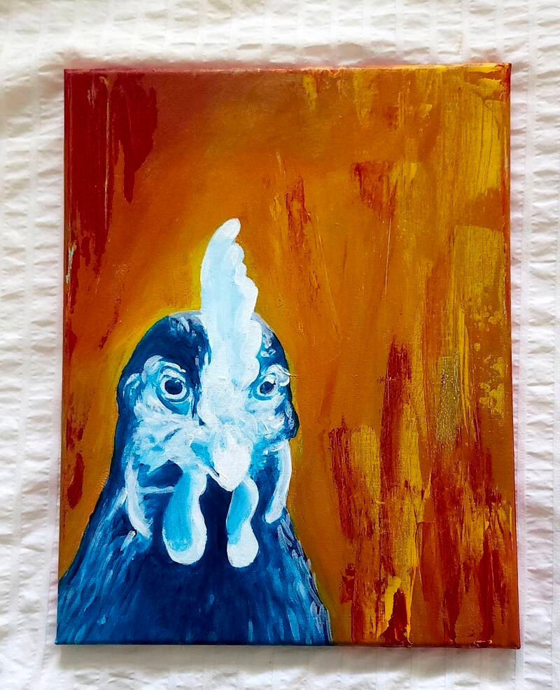 "Lava chicken"  2025. 35.5×27.5 cms  Acrylic on canvas.  $50