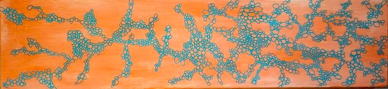 "Circling my mistakes #5"  2026. 28.5×122×7.5 cms.  Acrylic on found box.  $300