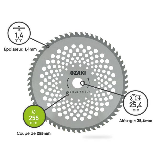 Lame scie 60 dents carbure diam 255 alésage 25,4mm