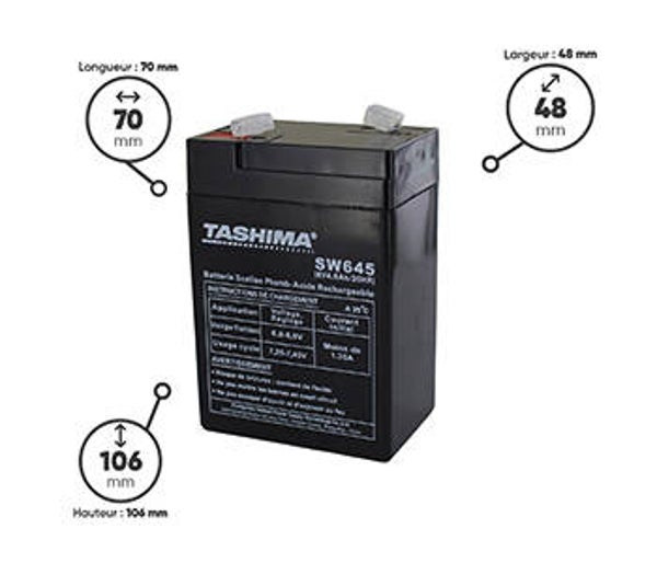 Batterie TASHIMA 6V, 4.5A L: 89, l: 69, H:104mm, + à gauche 100% étanche.