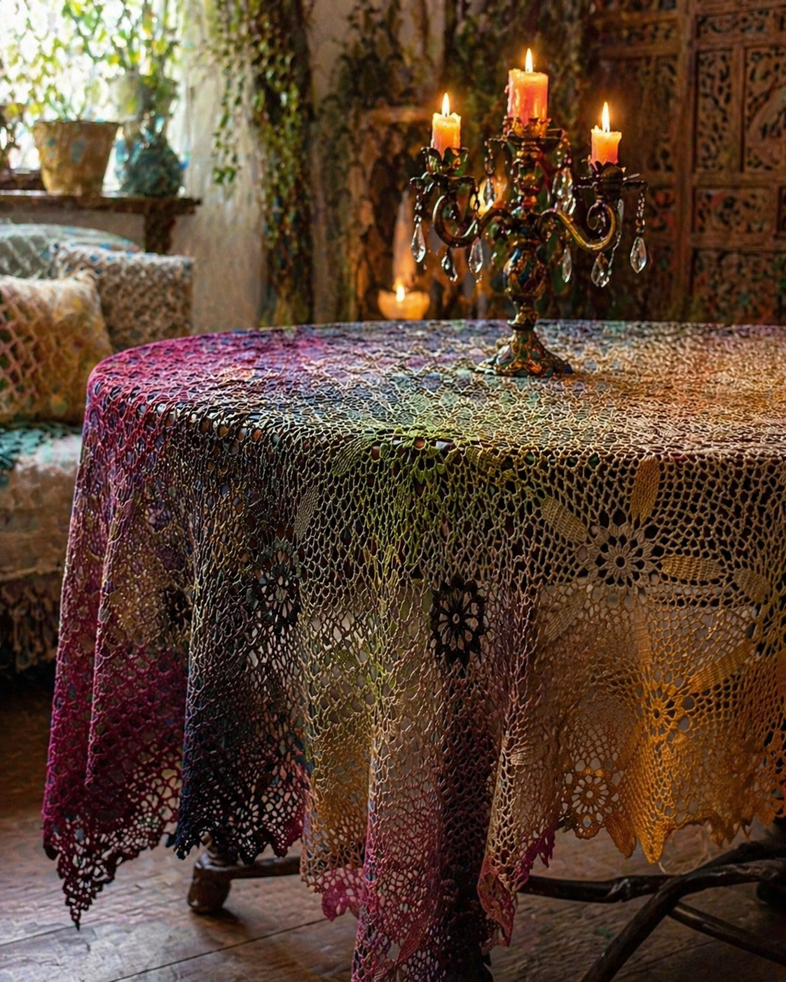 Handcrafted Tie-Dyed Vintage Lace Tablecloth / Curtain Panel – 12 ft Long Boho Statement Piec