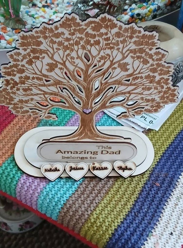wooden hand cut family tree