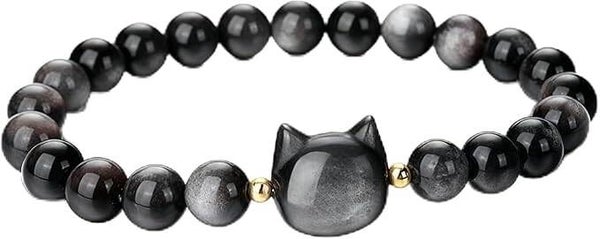 Silver Obsidian Cat Bracelet