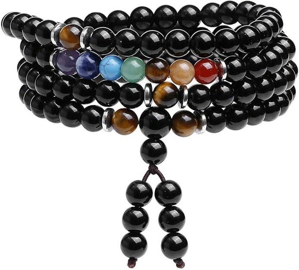 Mala Prayer Beads Wrap Bracelet Necklace Natural Black Obsidian