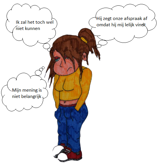 Meisje met negatief zelfbeeld die neerslachtig haar negatieve gedachten deelt.