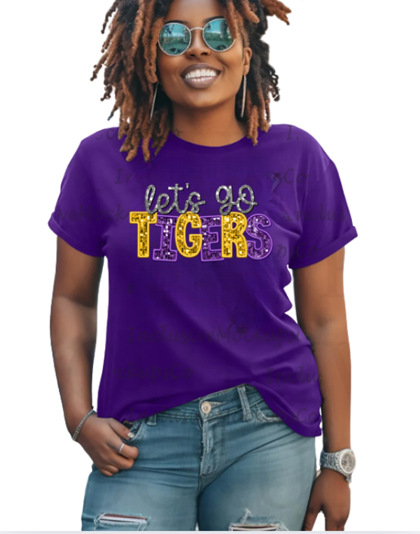 Let's Go Tigers (Faux Sequin/Glitter) Tee, Purple & Gold, Death Valley