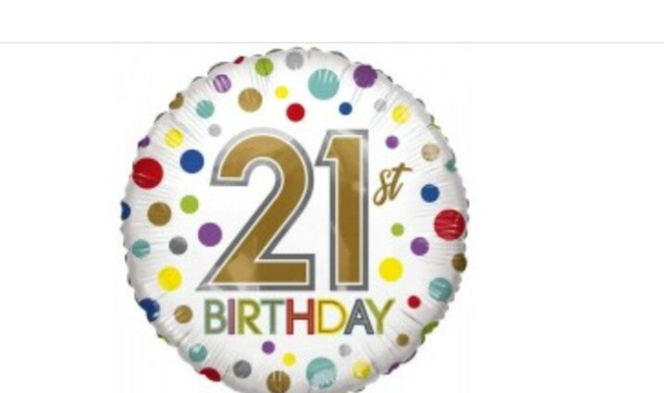 Folieballon cijfer "21" kleurenbolletjes