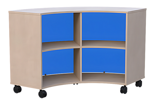 Viertelkreisschrank mit 4 offenen Fächern, Acrylglas Außenradius, Höhe 83,1 cm