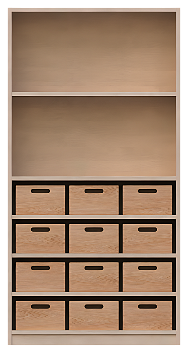 Korpusschrank oben 2 offene Fächer, unten 12 große Materialkästen