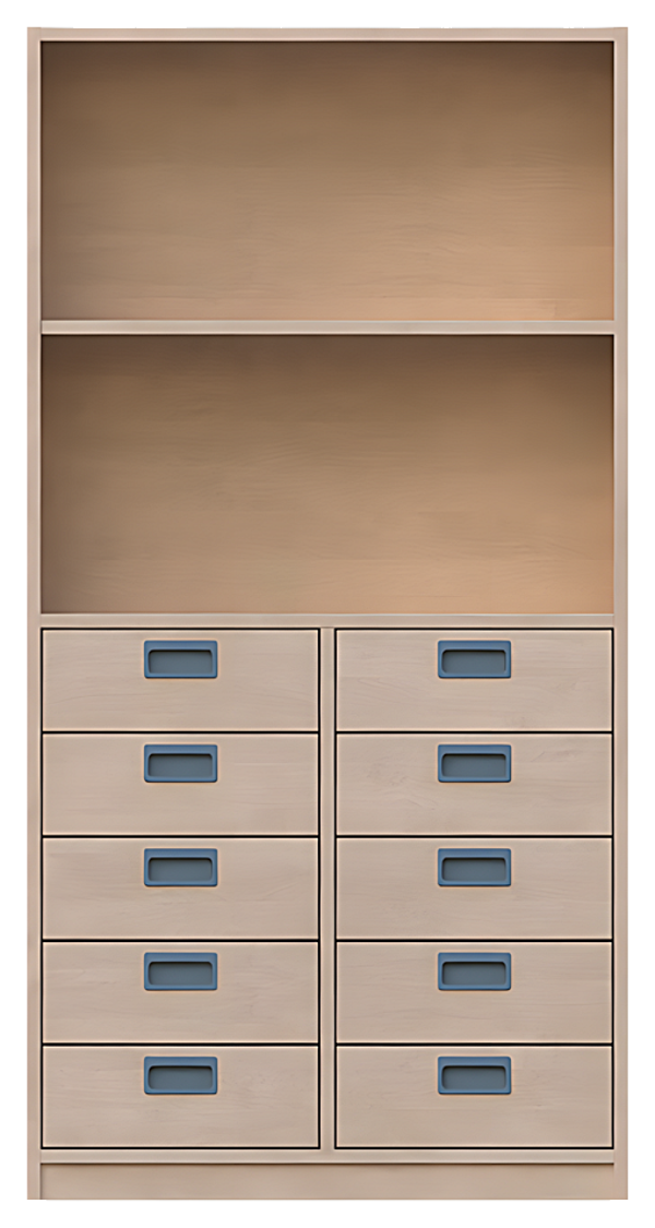 Korpusschrank oben 2 offene Fächer, unten 10 Schubkästen